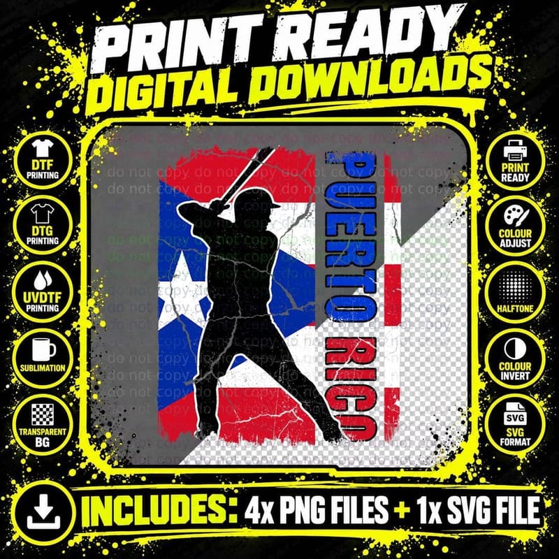 Puerto Rican Baseball Player Puerto Rico Flag Baseball Png SVG Digital Bundle