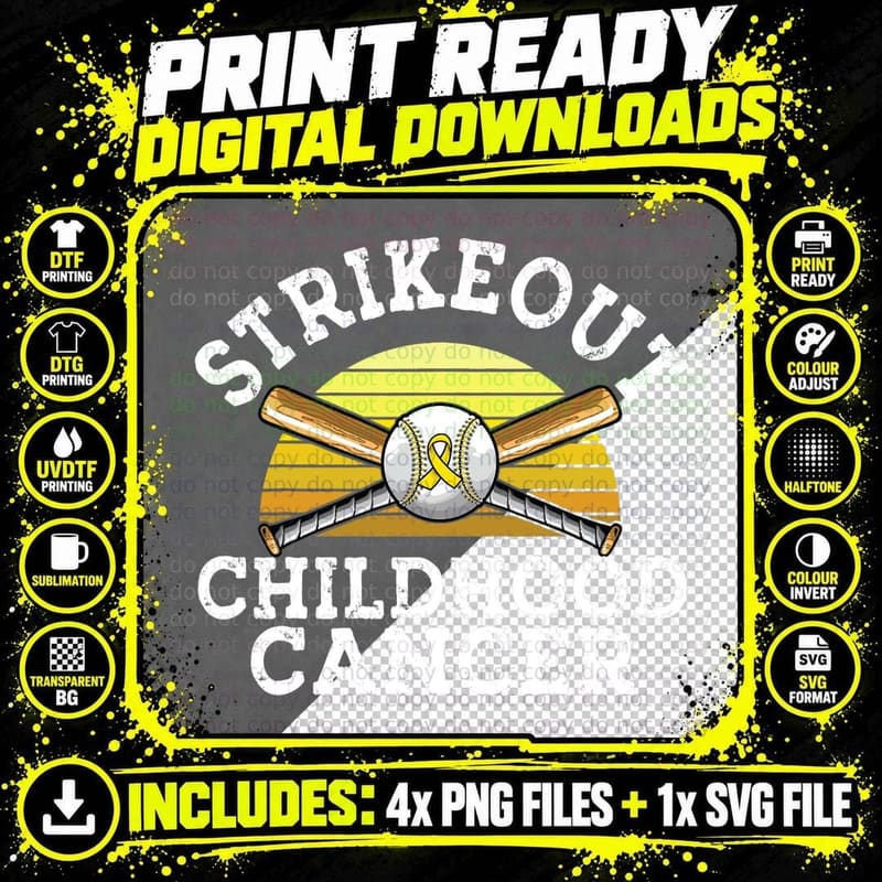 Retro Baseball Strikeout Childhood Cancer Awareness Png SVG Digital Bundle