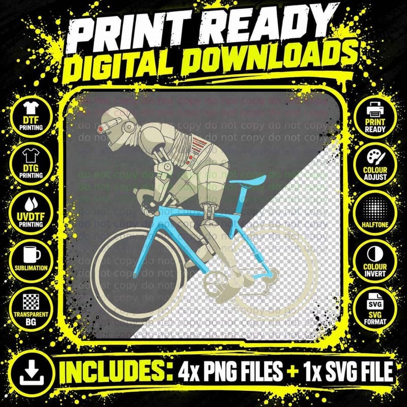 Retro Futurism Robot Cyclist Bicycle Futuristic Cycling Png SVG Digital Bundle