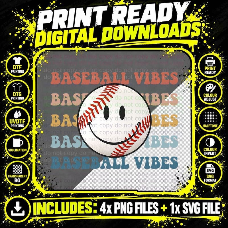 Retro Groovy Happy Face Baseball Vibes Baseball Face Png SVG Digital Bundle