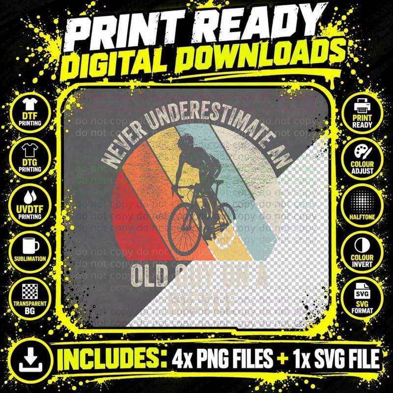 Retro Never Underestimate an Old Guy on a Bicycle Png SVG Digital Bundle