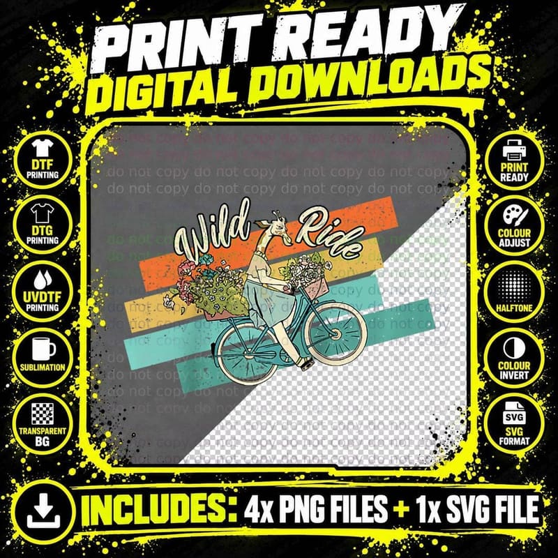 Ride Wild Retro Giraffe Riding Bicycle Cycling Cyclist Png SVG Digital Bundle