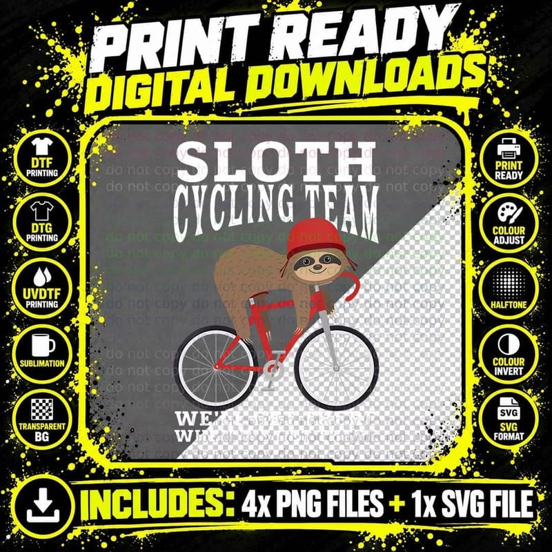 Sloth Cycling Team Funny Lazy Sloth Riding a Bicycle Png SVG Digital Bundle