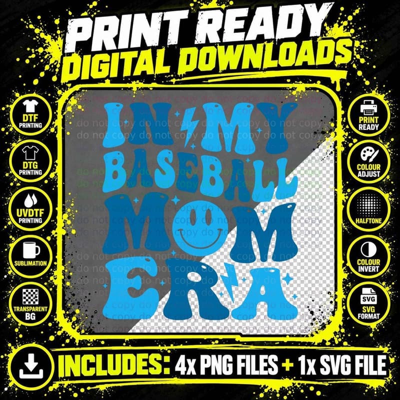 Smile Face in My Baseball Mom Era Groovy Mom of Boys Png SVG Digital Bundle