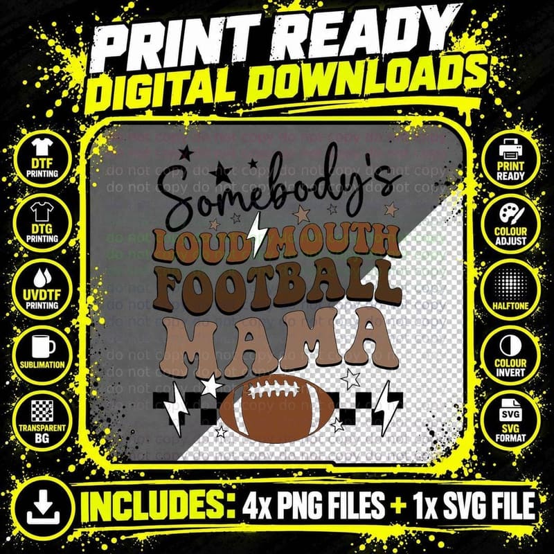 Somebody's Loudmouth Football Mama Retro Groovy Football Png SVG Digital Bundle