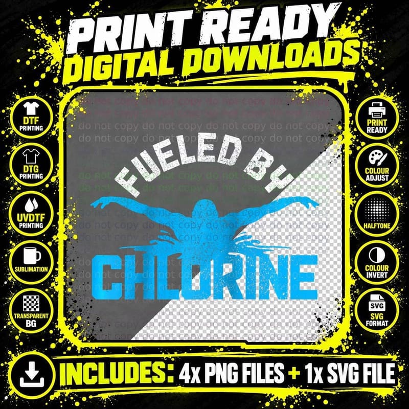 Swimming Fueled by Chlorine Funny Swimmer Swim Png SVG Digital Bundle