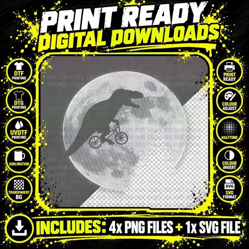 T-Rex Cycling Over the Moon T-Shirt Png SVG Digital Bundle