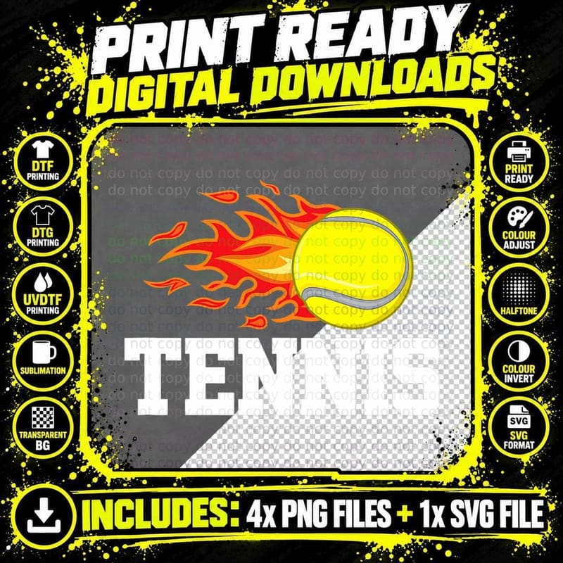 Tennis Ball Flame Tennis Player Design Graphic T-Shirt Png SVG Digital Bundle