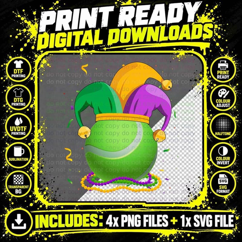 Tennis Ball with Jester Hat Mardi Gras Fat Tuesday Png SVG Digital Bundle
