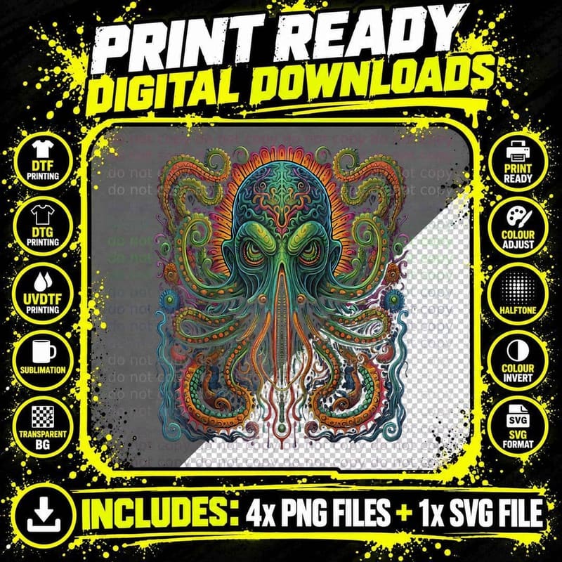 Thulhu Mythos Monster Psychedelic, Fun Graphic Apparel Png SVG Digital Bundle