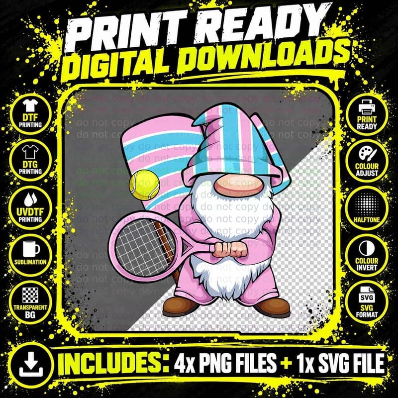Transgender Tennis Player LGBT-Q Cute Gnome Trans Pride Png SVG Digital Bundle