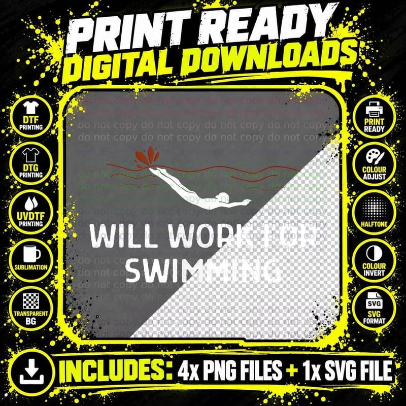Will Work for Swimming Outfit Women Men Png SVG Digital Bundle