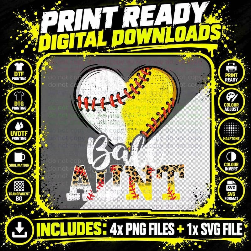 Baseball Aunt Heart Baseball Softball Mama Mother's Day Png SVG Digital Bundle