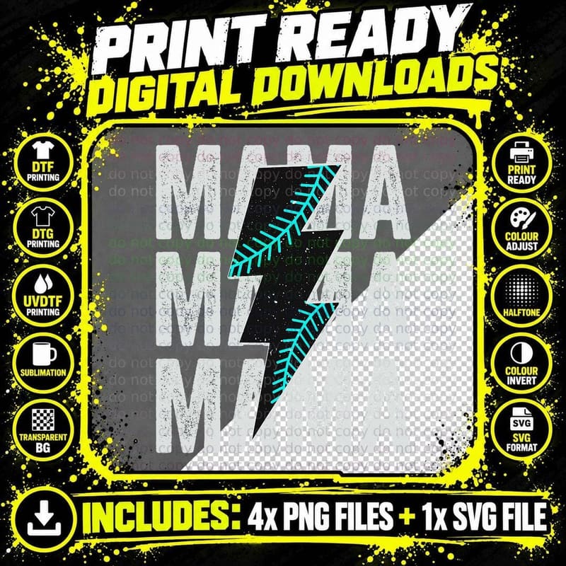 Baseball Mama Mom Lightning Bolt Mother's Day T-Shirt Png SVG Digital Bundle