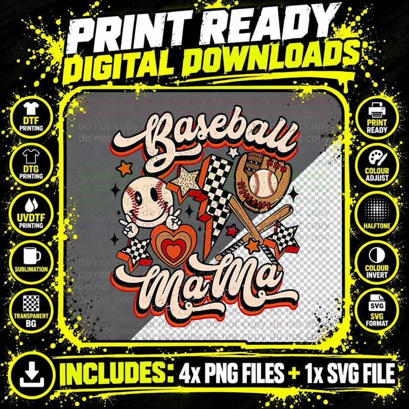 Baseball Mama Retro Groovy Baseball Softball Mom Smile Png SVG Digital Bundle