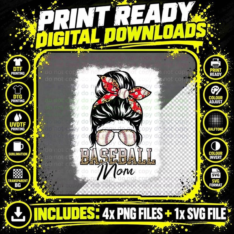 Baseball Mom Messy Bun Mama Baseball Game Day Mothers Png SVG Digital Bundle