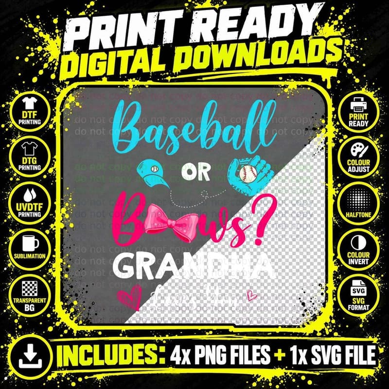 Baseball or Bows Grandma Loves You Gender Reveal Party Png SVG Digital Bundle