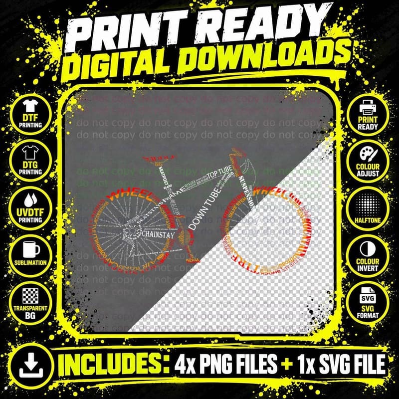 Bicycle Anatomy T-Shirt, Mountain Bike Fire Red Png SVG Digital Bundle