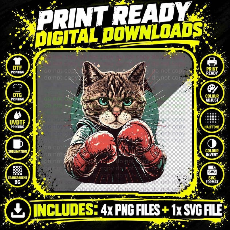 Boxing Cat Boxer Kitten Funny Cat T-Shirt Png SVG Digital Bundle