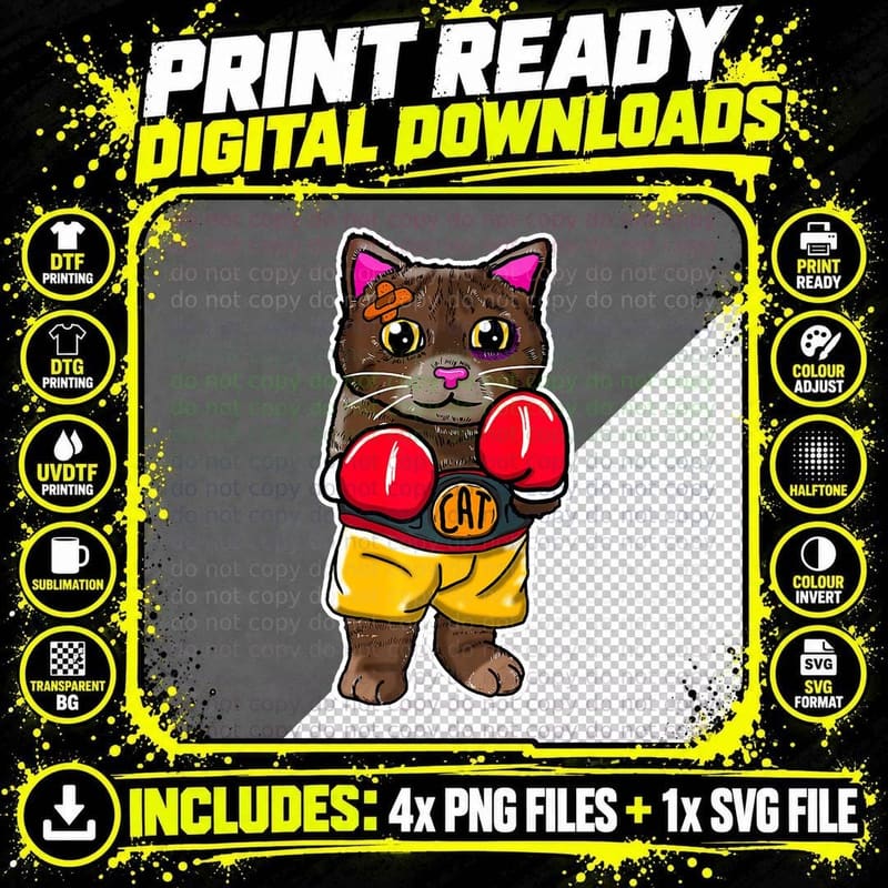 Boxing Cat, Martial Arts Kitten, Fun Graphic Apparel Png SVG Digital Bundle