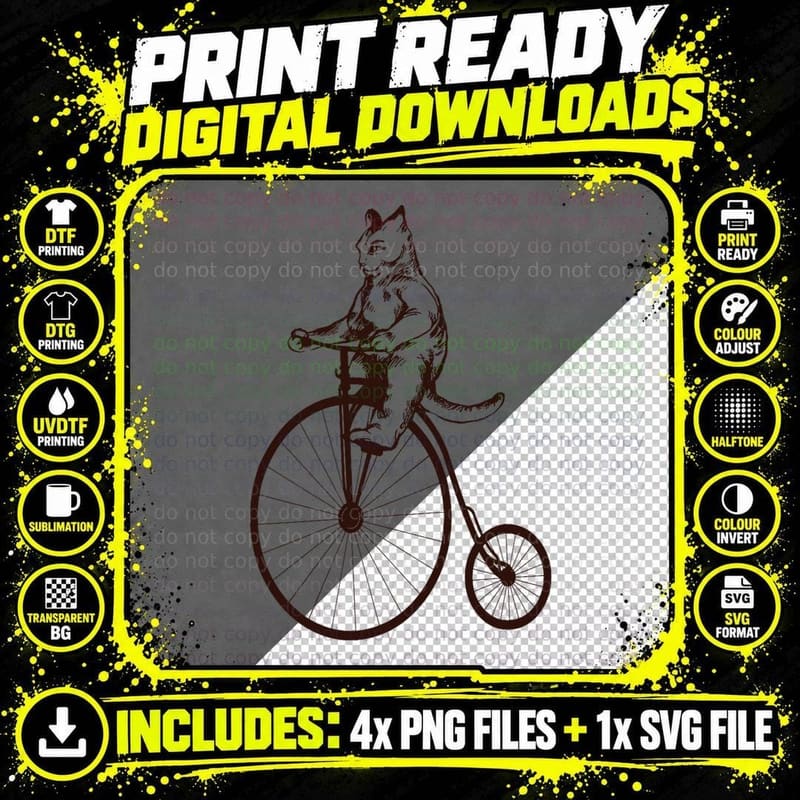 Cat on Vintage Bicycle T-Shirt, Funny Cycling Cat Gift Png SVG Digital Bundle
