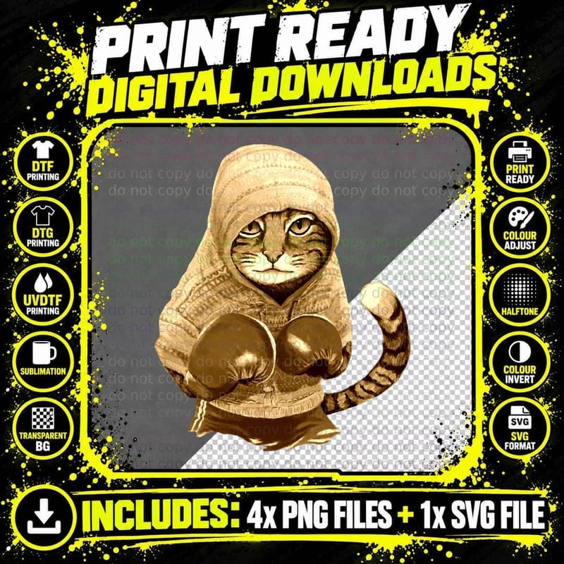 Cat with Boxing Gloves T-Shirt Png SVG Digital Bundle