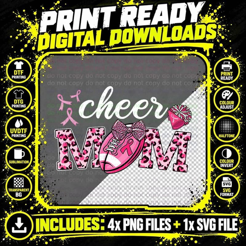 Cheer Mom Pink Football Leopard Breast Cancer Awareness Png SVG Digital Bundle