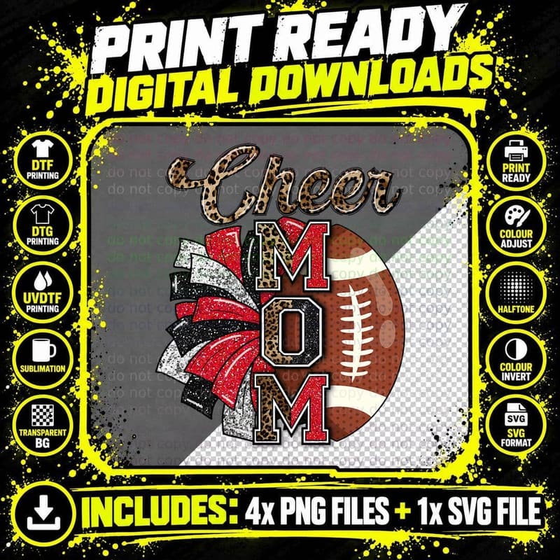 Cheer Mom Tee, Leopard Print Football Pom Poms Design Png SVG Digital Bundle