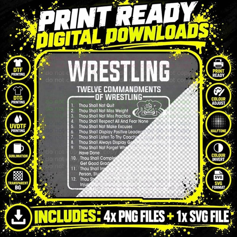 Classic Black Wrestling T-Shirt 12 Commandments Crew Png SVG Digital Bundle