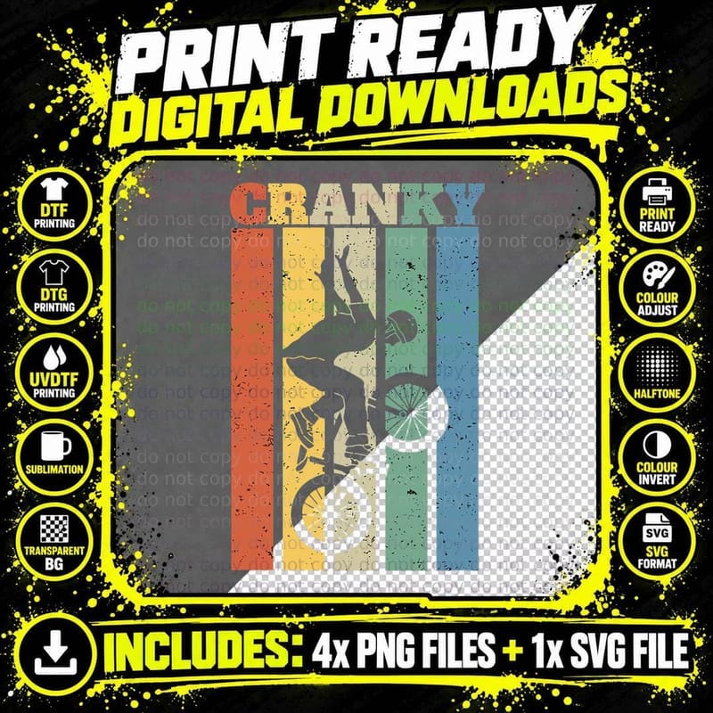 Cranky Cyclist Falling off Bike, Retro Stripes Png SVG Digital Bundle
