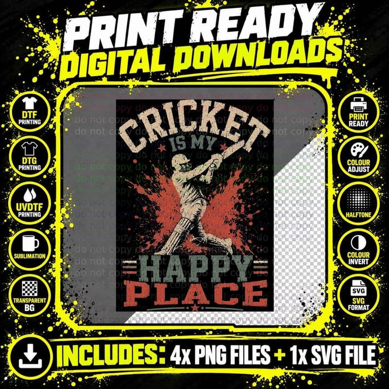 Cricket Is My Happy Place Vintage Batter Cricket Png SVG Digital Bundle