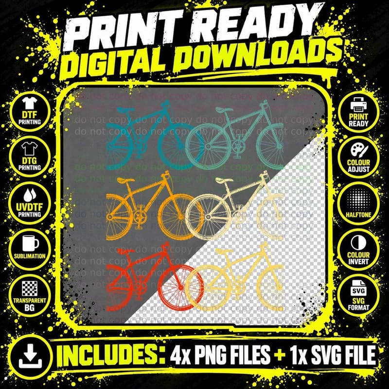 Cycling Retro Colorful Mountain Bike Repeating Pattern Png SVG Digital Bundle