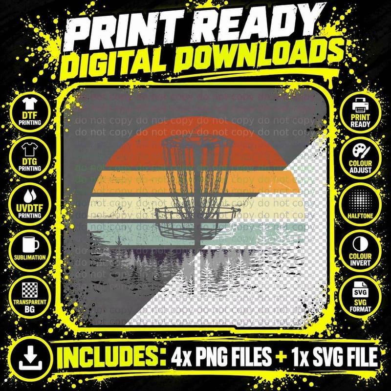 Disc Golf Basket T-Shirt, Retro Sunset Design Png SVG Digital Bundle