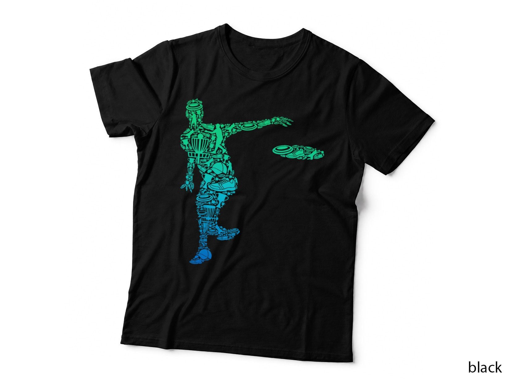 Disc Golf Player Silhouette Made of Icons Frisbee Baskets, Sports Tee