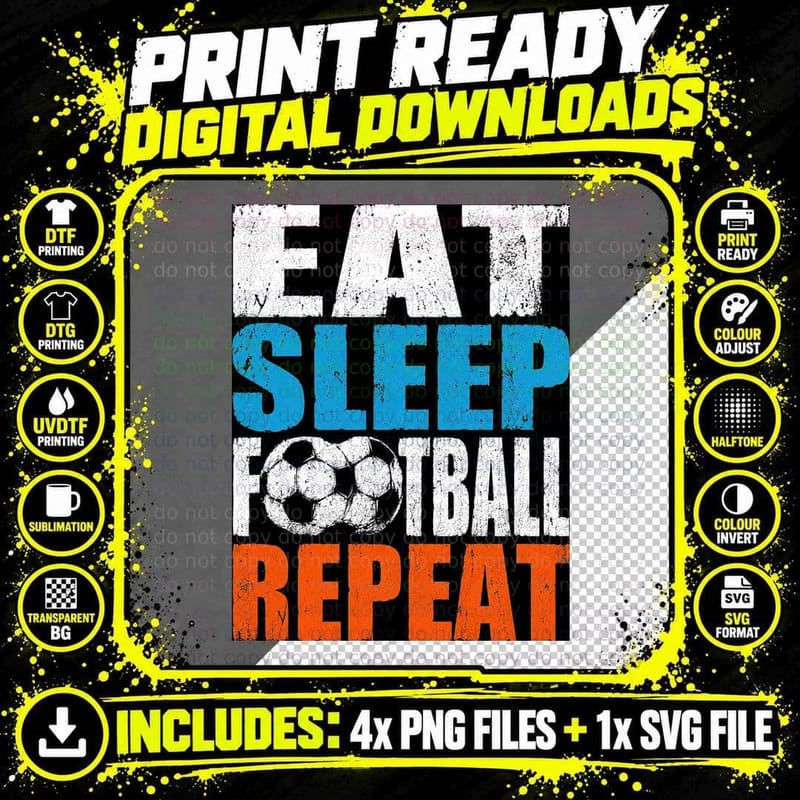 Eat Sleep Football Repeat Soccer Football Halftone Png SVG Digital Bundle
