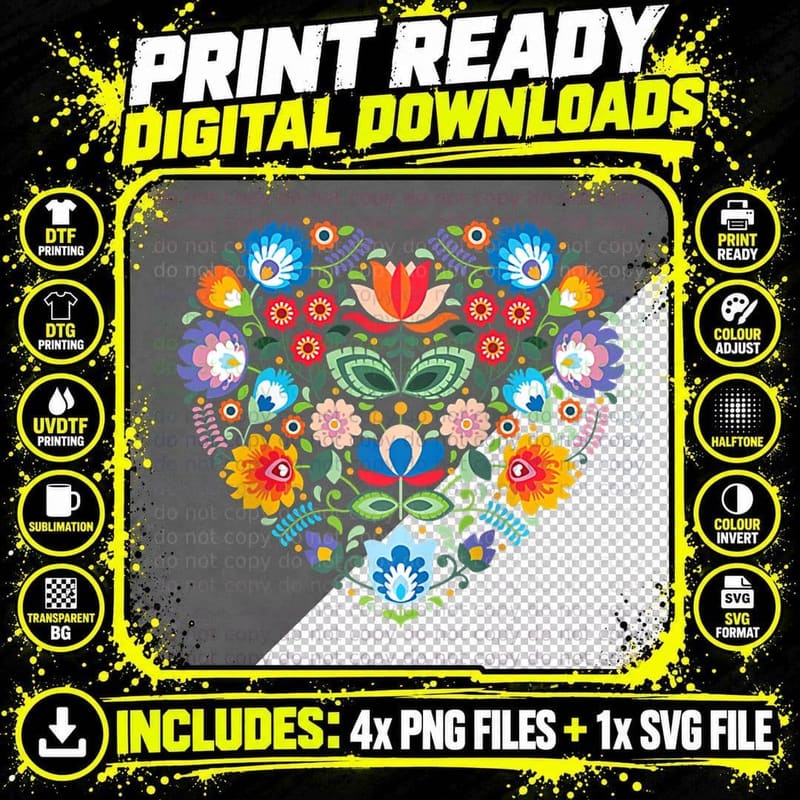 Folk Heart Cute Love Polish Slavic Floral Pattern Art Png SVG Digital Bundle