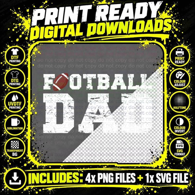 Football Dad Tee, Distressed Vintage Type Design Png SVG Digital Bundle