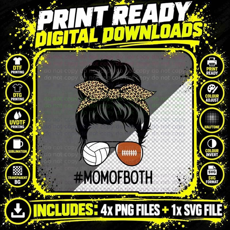 Football and Volleyball Mom of Both Messy Bun Mother's Png SVG Digital Bundle