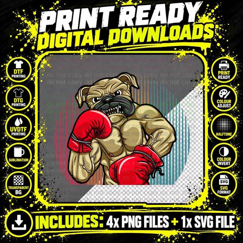 Funny Boxing Dog Wearing Heavyweight Boxing Gloves Png SVG Digital Bundle