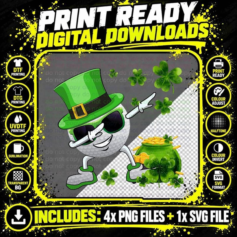 Funny Leprechaun Shamrock Dabbing Golf Ball St Patricks Png SVG Digital Bundle