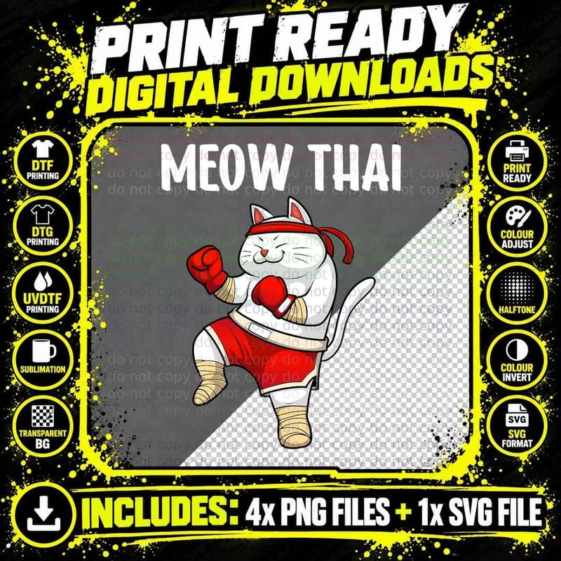 Funny Meow Thai Design for Men Women Muay Thai Boxing Png SVG Digital Bundle