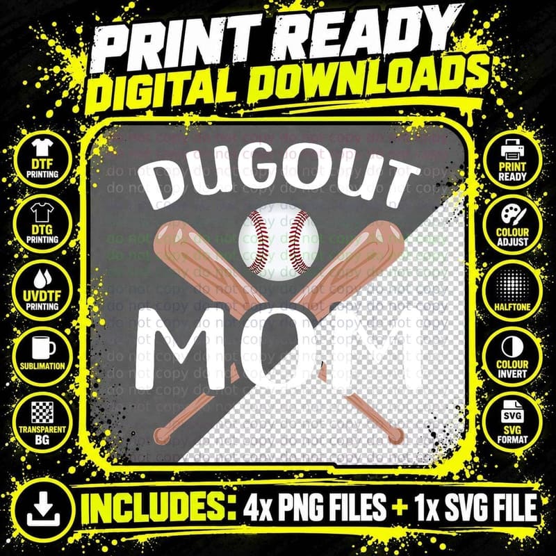 Funny Mom Dugout Mom Baseball Cool Baseball Mom T-Shirt Png SVG Digital Bundle
