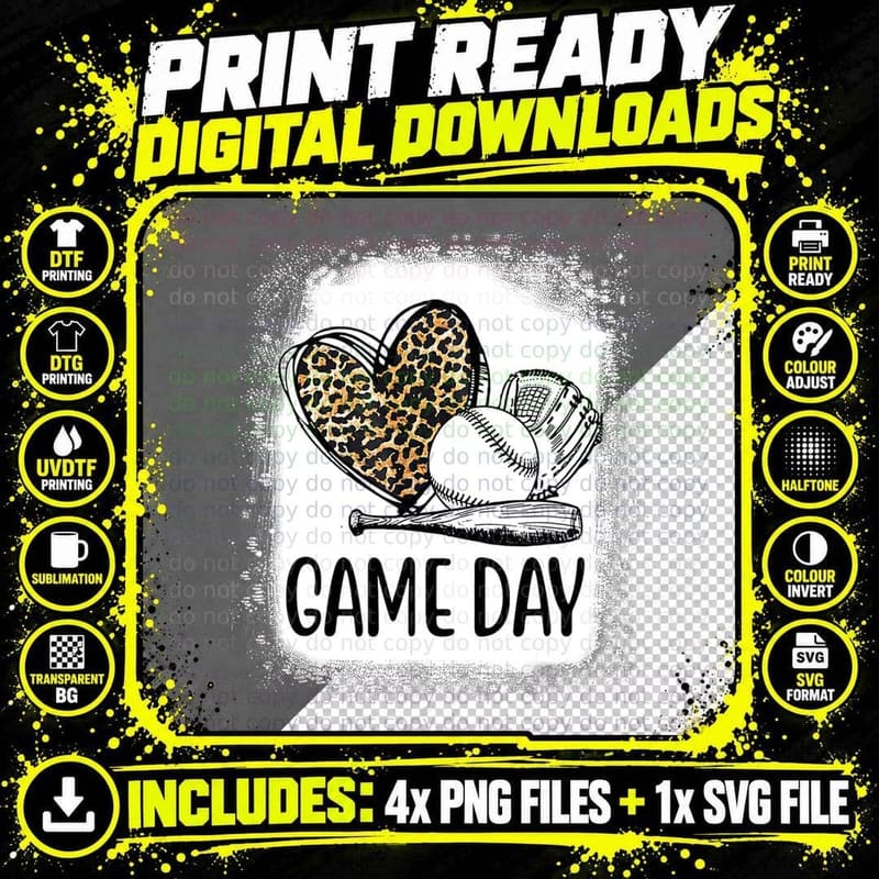 Game Day Baseball Decorations Leopard Heart Soccer Mom Png SVG Digital Bundle