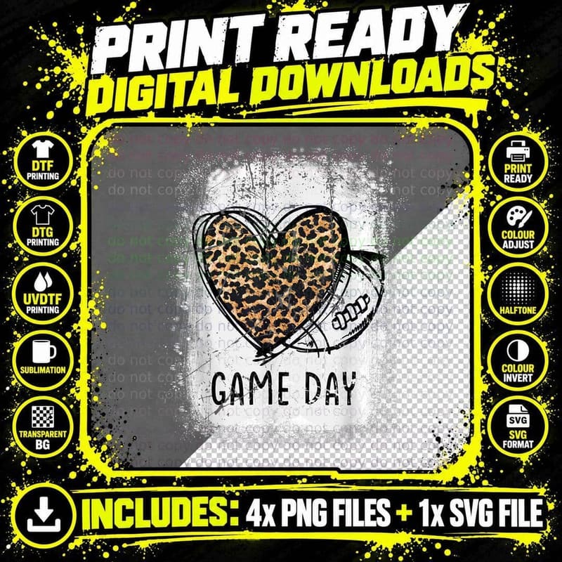 Game Day with Leopard Heart Football Lovers Mom Bleached Png SVG Digital Bundle