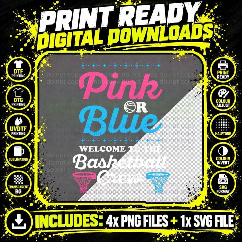 Gender Reveal Basketball T-Shirt, Pink Blue Design Png SVG Digital Bundle