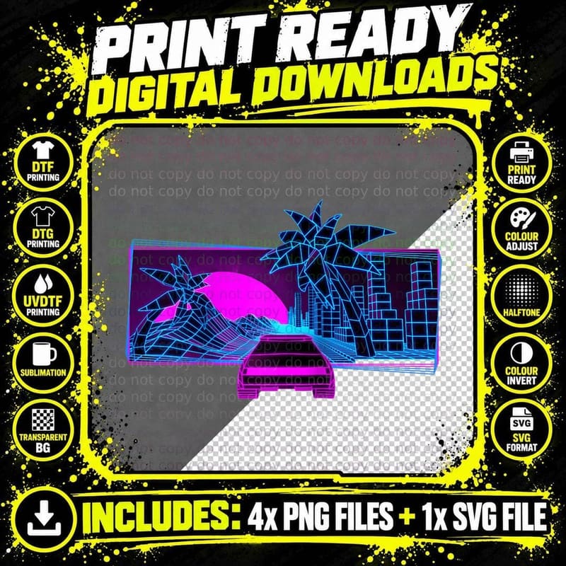 Grid Lines Synthwave 80s Race Car for Retrowave Png SVG Digital Bundle