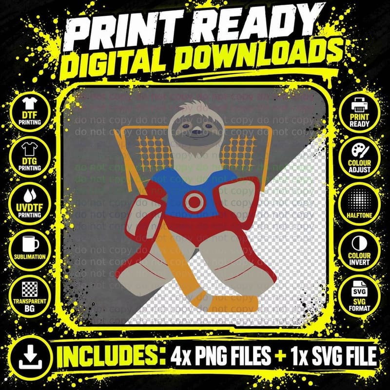 Hockey Sloth Goalie T-Shirt, Animal Sports Humor Png SVG Digital Bundle