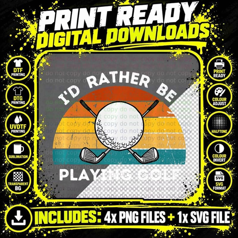 I'd Rather Be Playing Golf Retro Sunset Player Sports Png SVG Digital Bundle