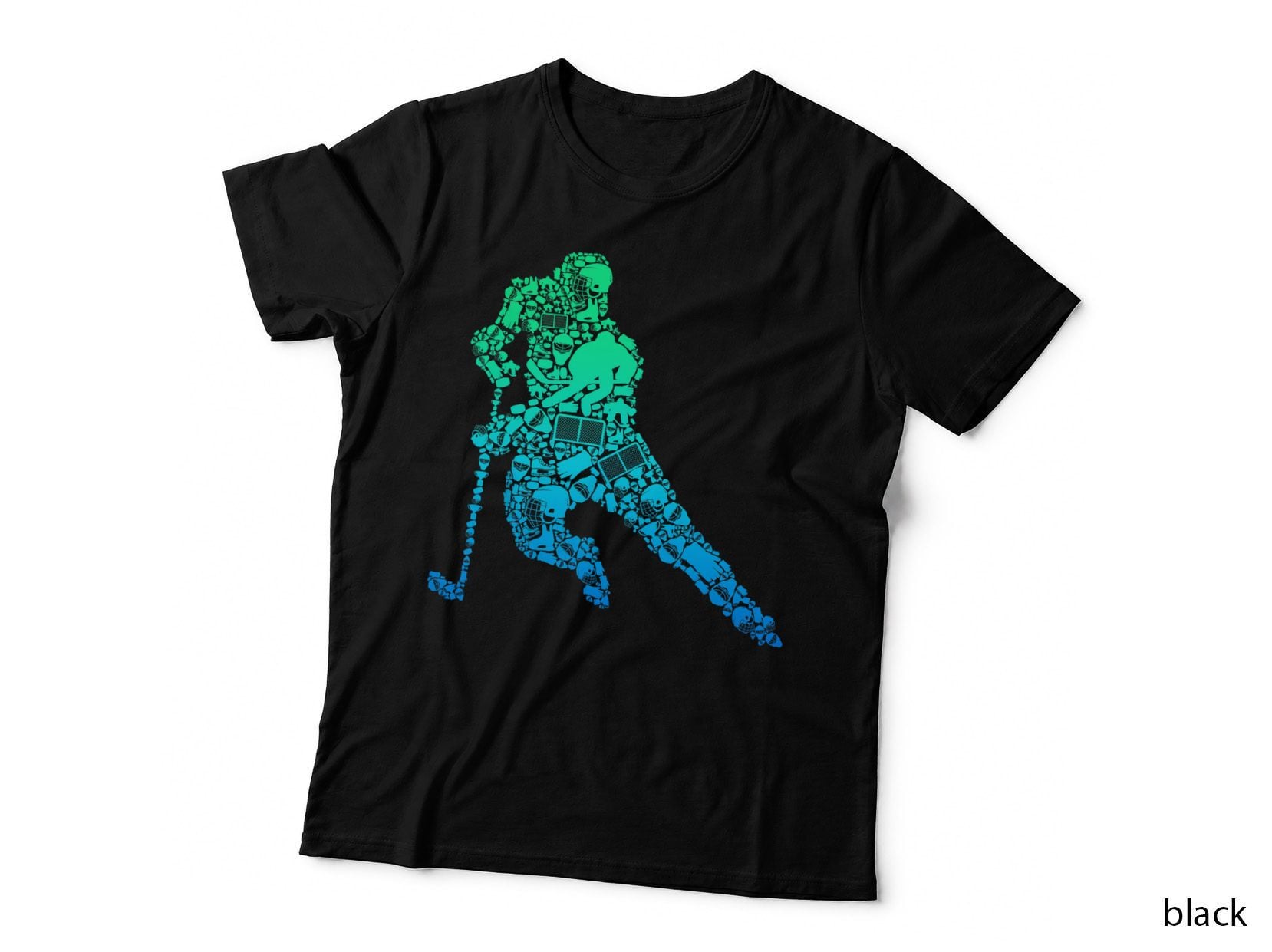 Ice Hockey Player Mosaic T-Shirt, Gear Icon Silhouette, Sport Fan