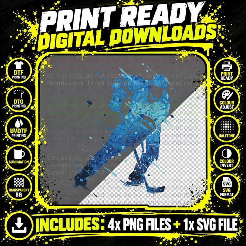 Ice Hockey Player Watercolor T-Shirt, Blue Splash Art Png SVG Digital Bundle